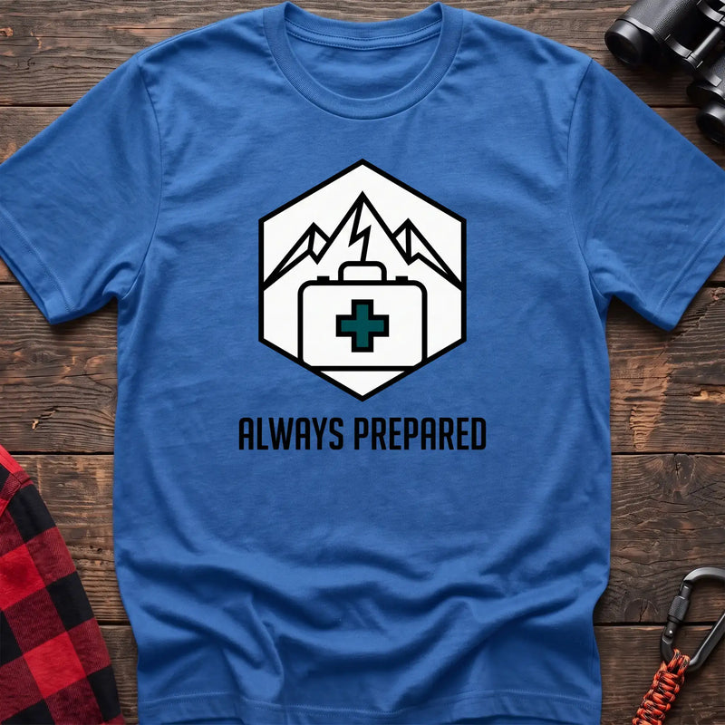 Heather royal t-shirt with hexagonal badge graphic of mountains and a first aid kit, reading Always Prepared