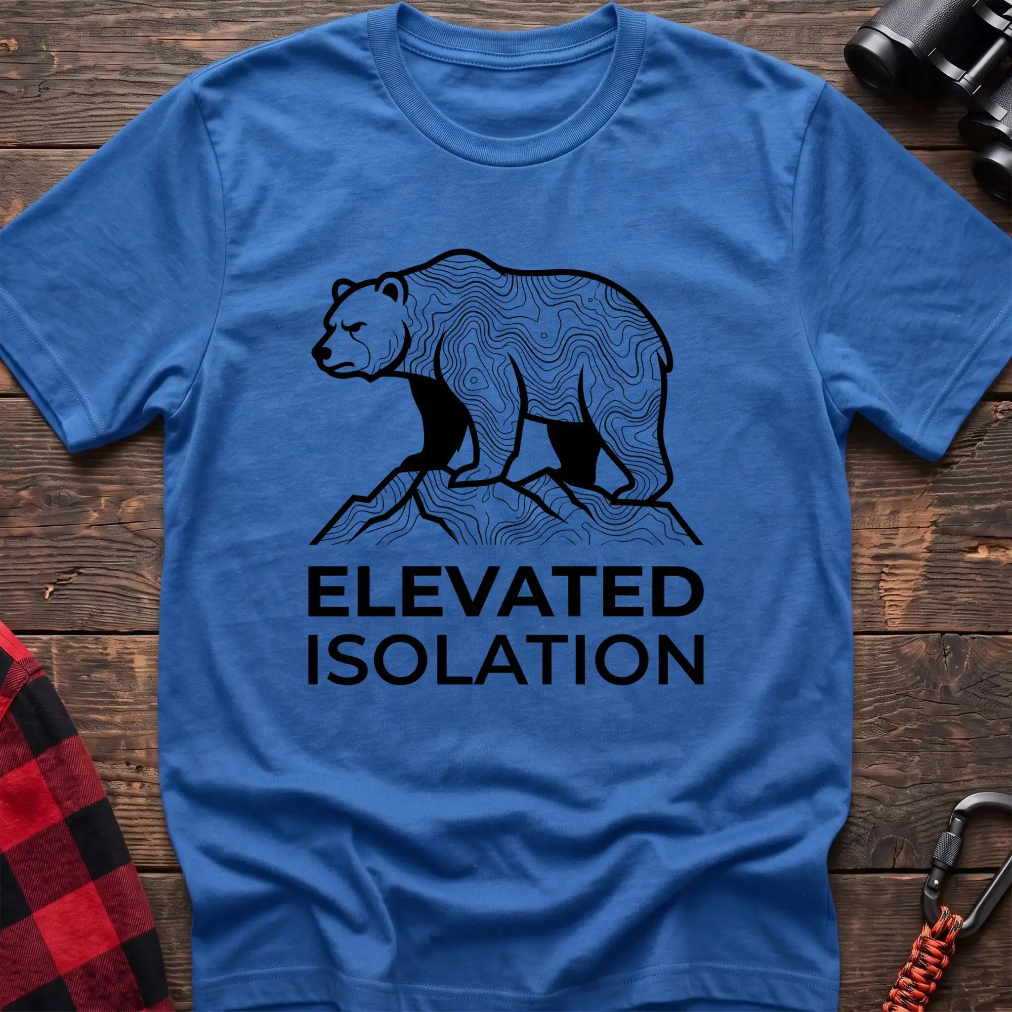 Heather royal t-shirt with topographic bear standing on a mountain peak and the text Elevated Isolation