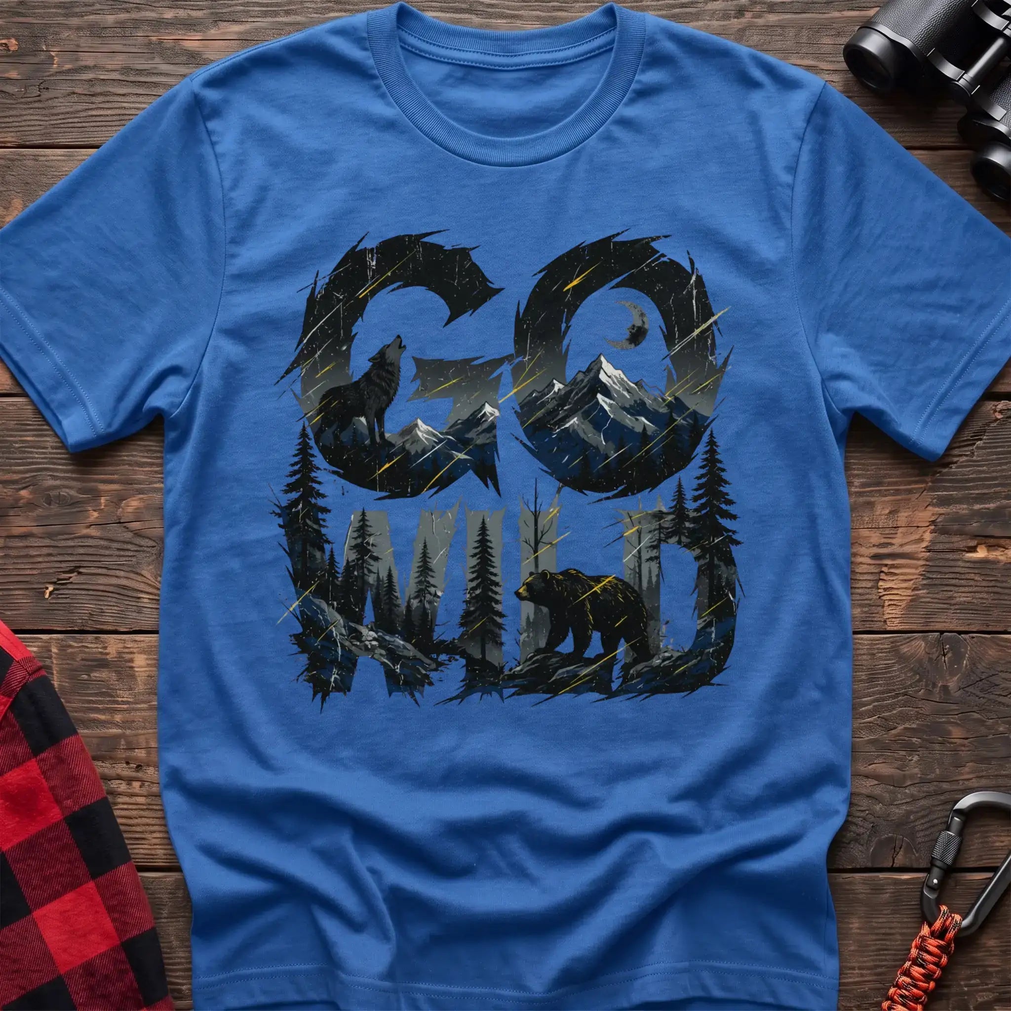 Heather royal t-shirt with wilderness scene of a howling wolf and bear integrated into the text Go Wild
