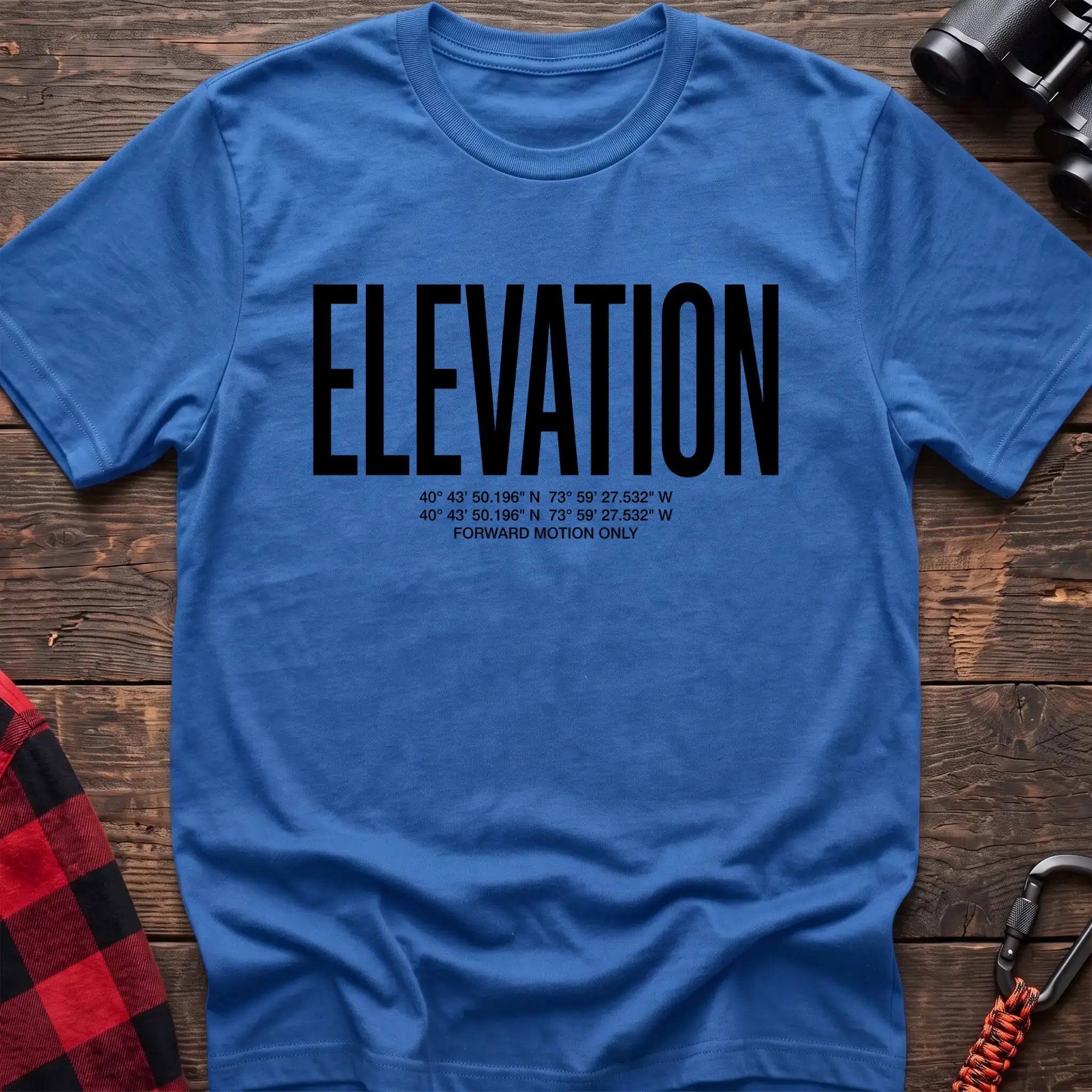 Heather royal t-shirt with large black text reading Elevation and GPS coordinates with Forward Motion Only