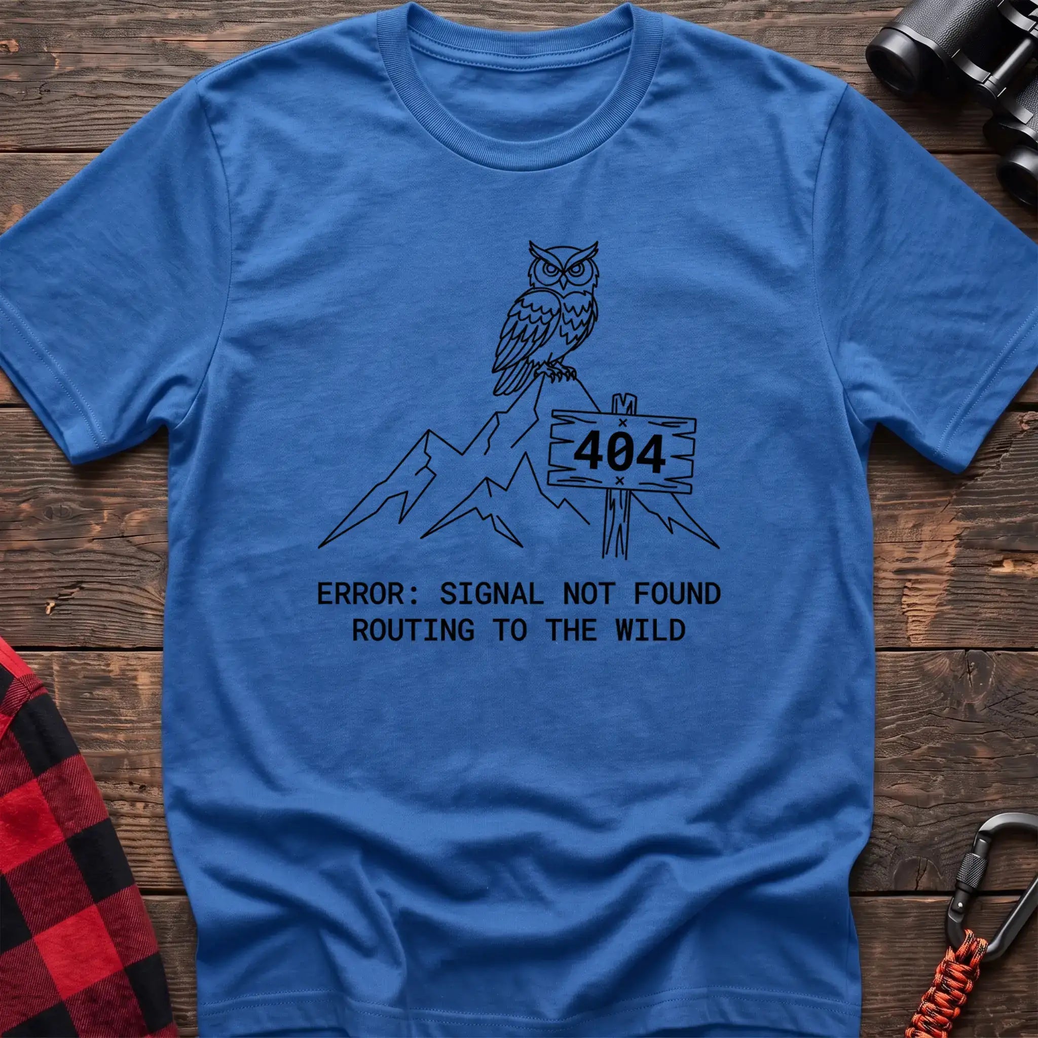Heather royal t-shirt with owl on a mountain peak next to a 404 sign and the text Error Signal Not Found Routing to the Wild