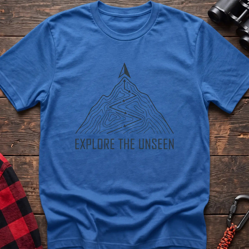Heather royal t-shirt with topographic mountain trail graphic and the text Explore the Unseen