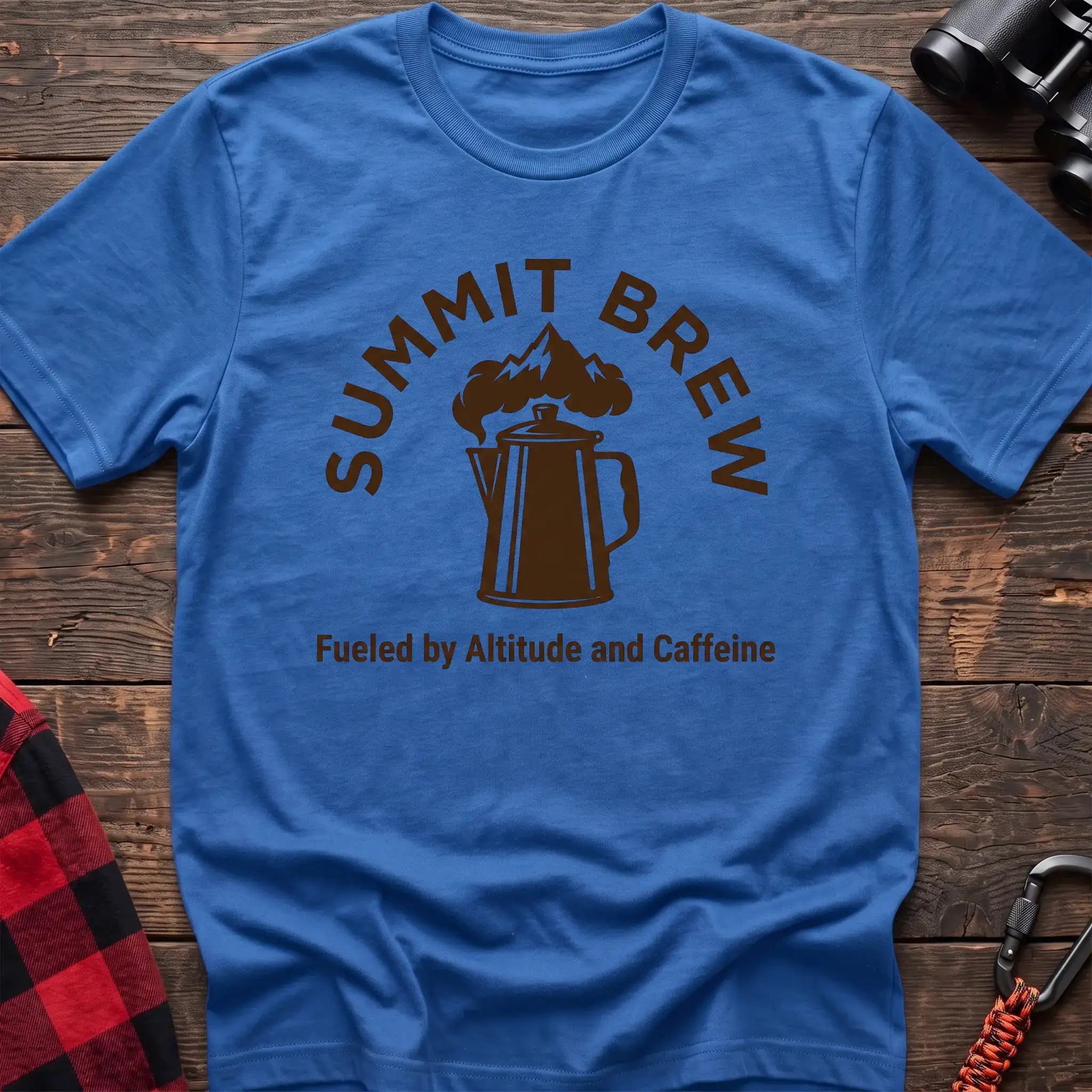 Heather royal t-shirt with brown coffee percolator and mountain graphic reading Summit Brew Fueled by Altitude and Caffeine