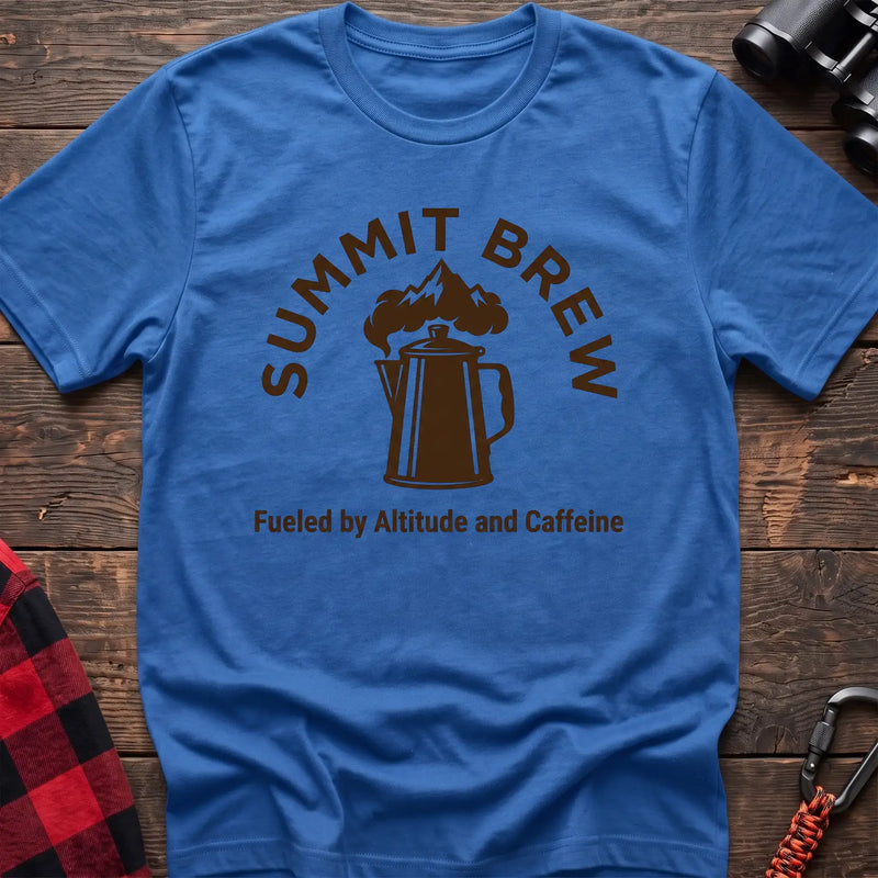 Heather royal t-shirt with brown coffee percolator and mountain graphic reading Summit Brew Fueled by Altitude and Caffeine