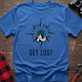 Heather royal t-shirt with compass rose graphic featuring mountains in the center and the text Get Lost