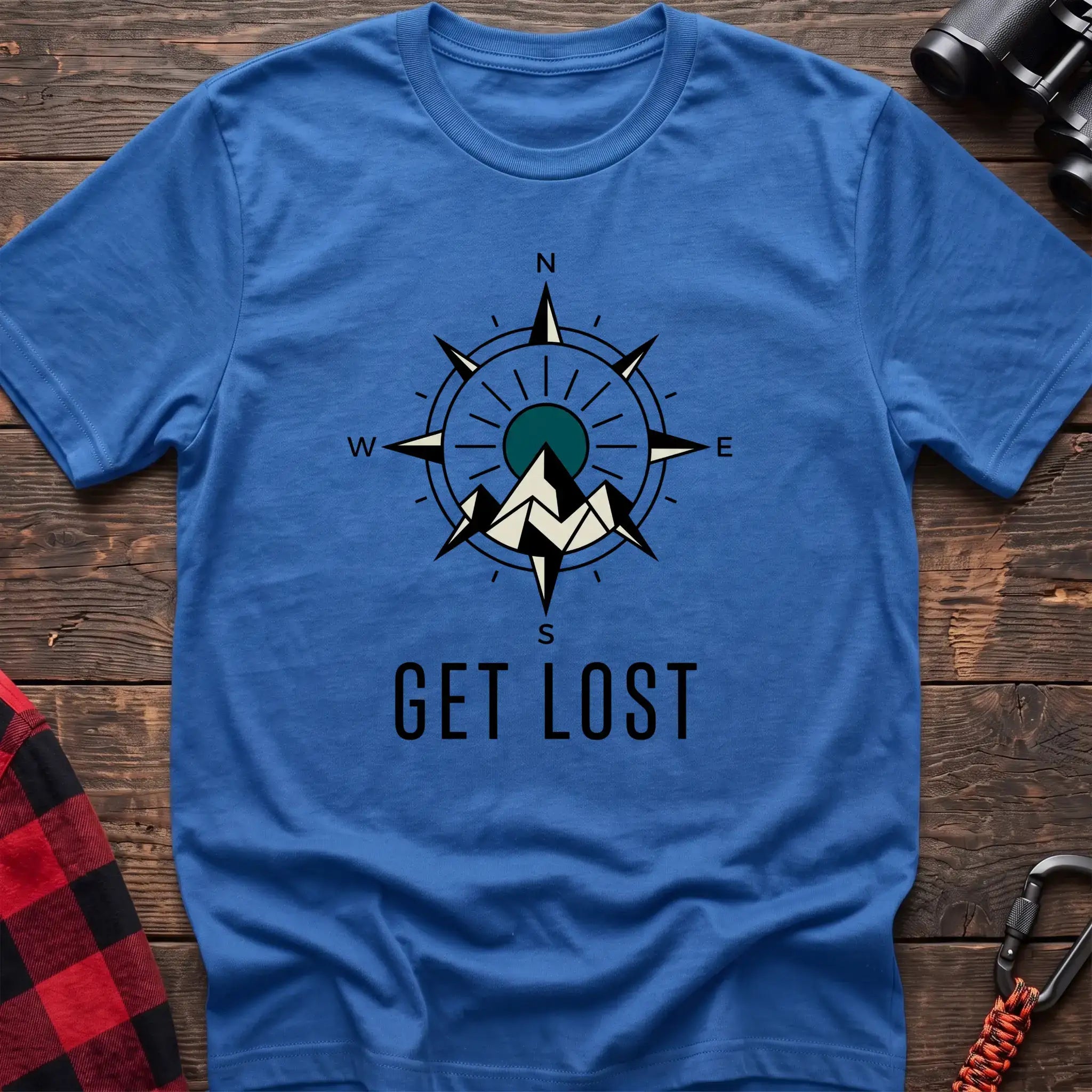 Heather royal t-shirt with compass rose graphic featuring mountains in the center and the text Get Lost