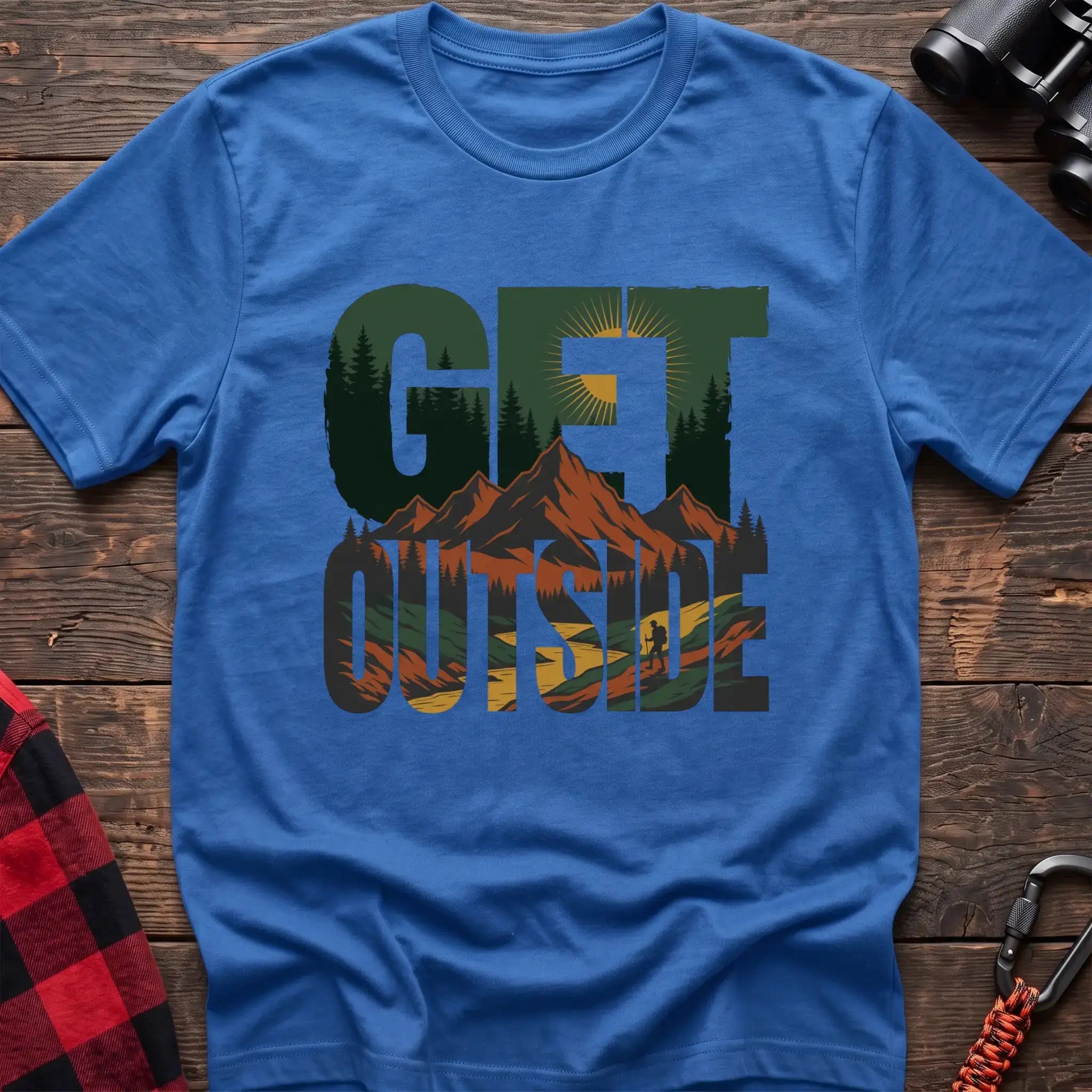 Heather royal t-shirt with layered mountain landscape graphic integrated into the text Get Outside