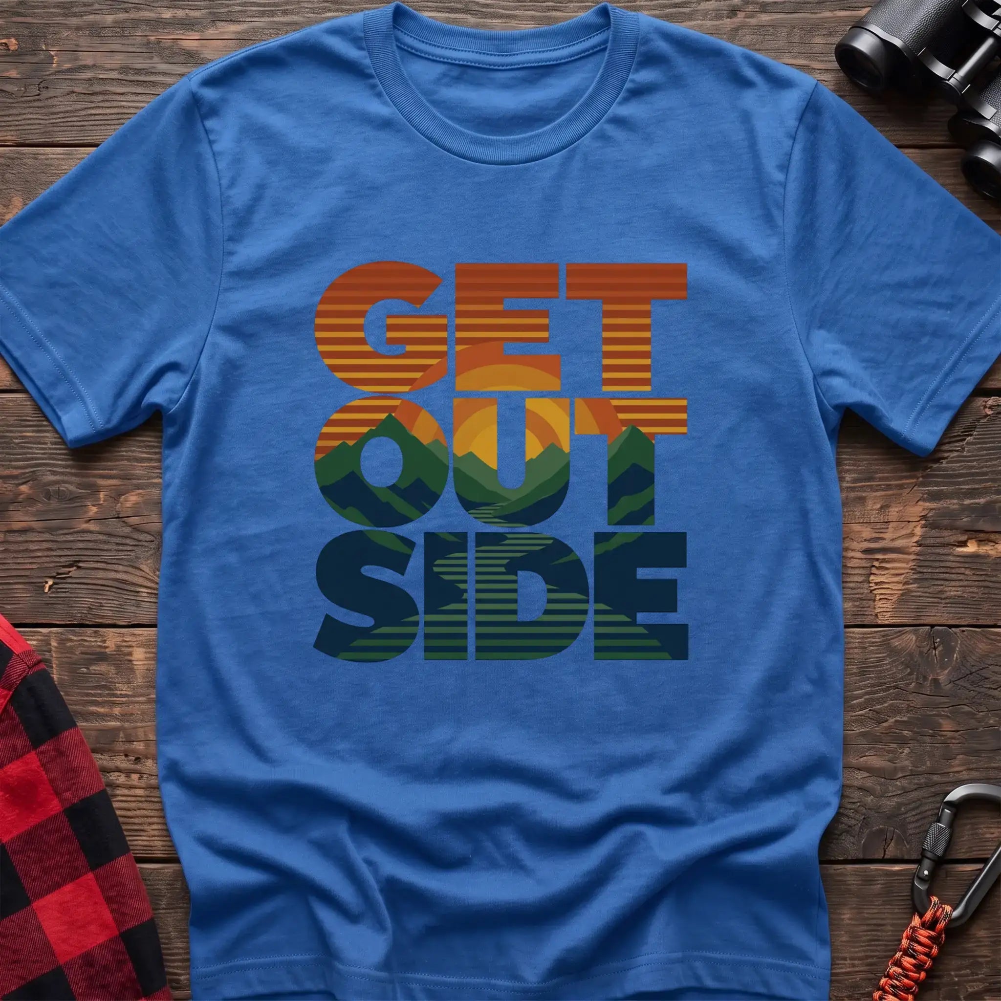 Heather royal t-shirt with retro sunset and mountain graphic integrated into the text Get Outside