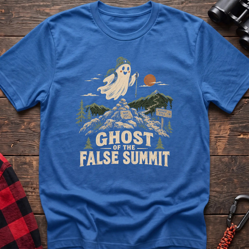 Heather royal cotton t-shirt with a hiking ghost graphic and Ghost of the False Summit text on rustic wood