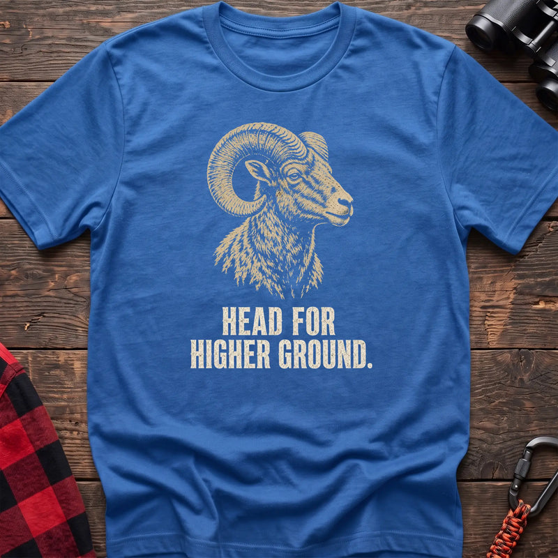 Heather royal cotton t-shirt with a bighorn ram graphic and Head for Higher Ground text on rustic wood