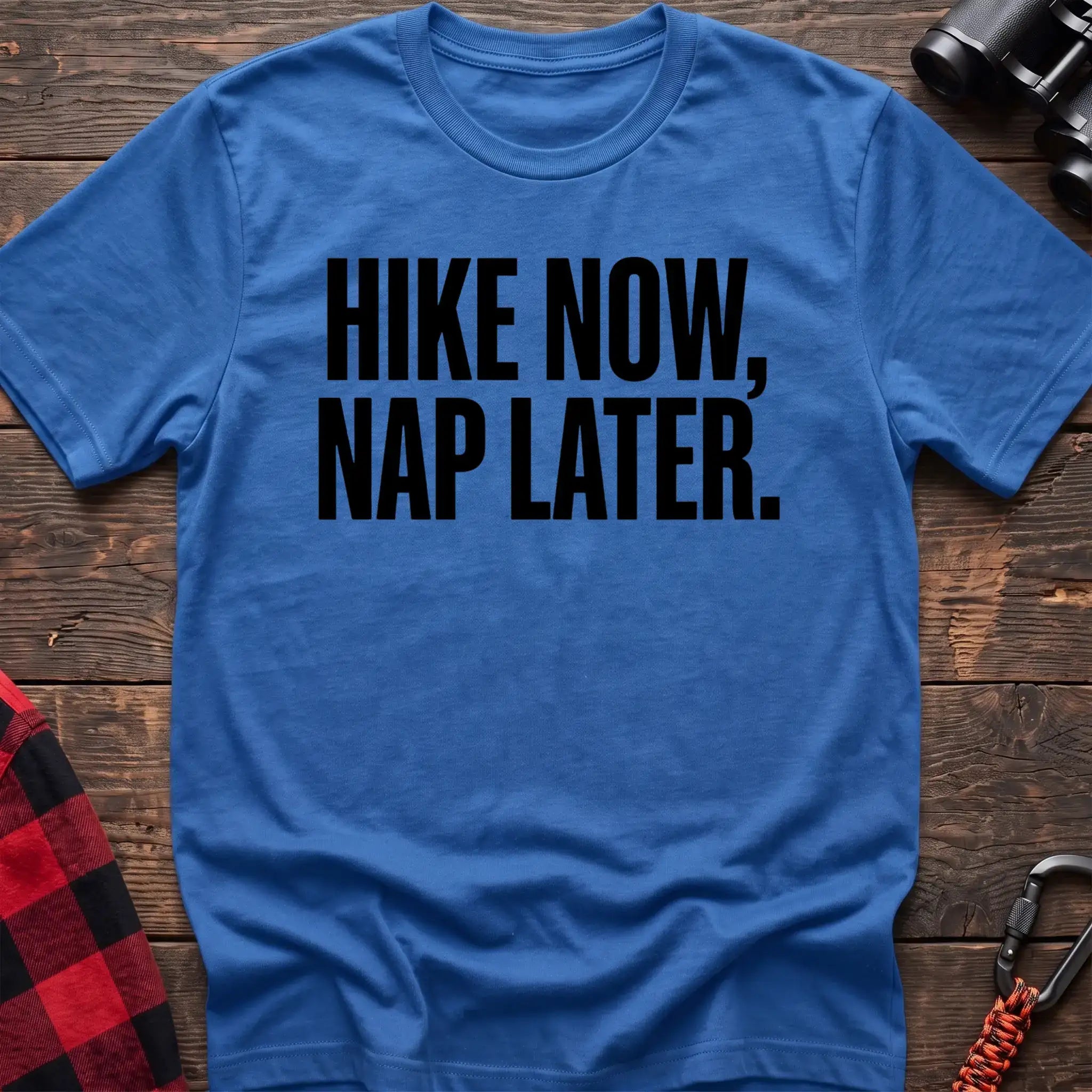 Heather royal t-shirt with bold black text reading Hike Now, Nap Later