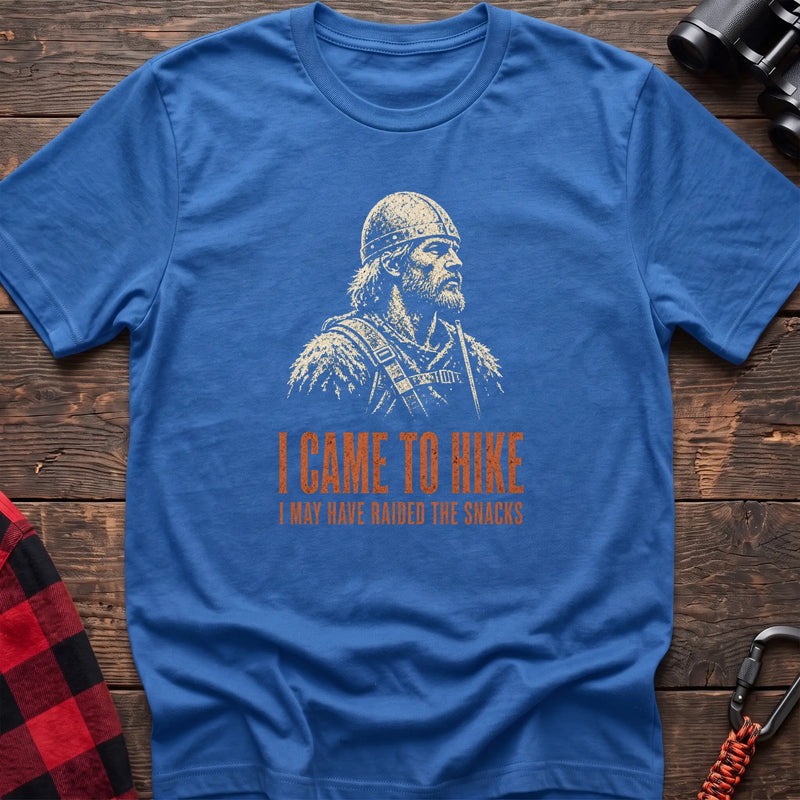 Heather royal cotton t-shirt with a Viking graphic and I Came to Hike I May Have Raided the Snacks text on rustic wood