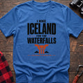 Heather royal cotton t-shirt with a waterfall graphic and I Hike Iceland for the Waterfalls text on rustic wood