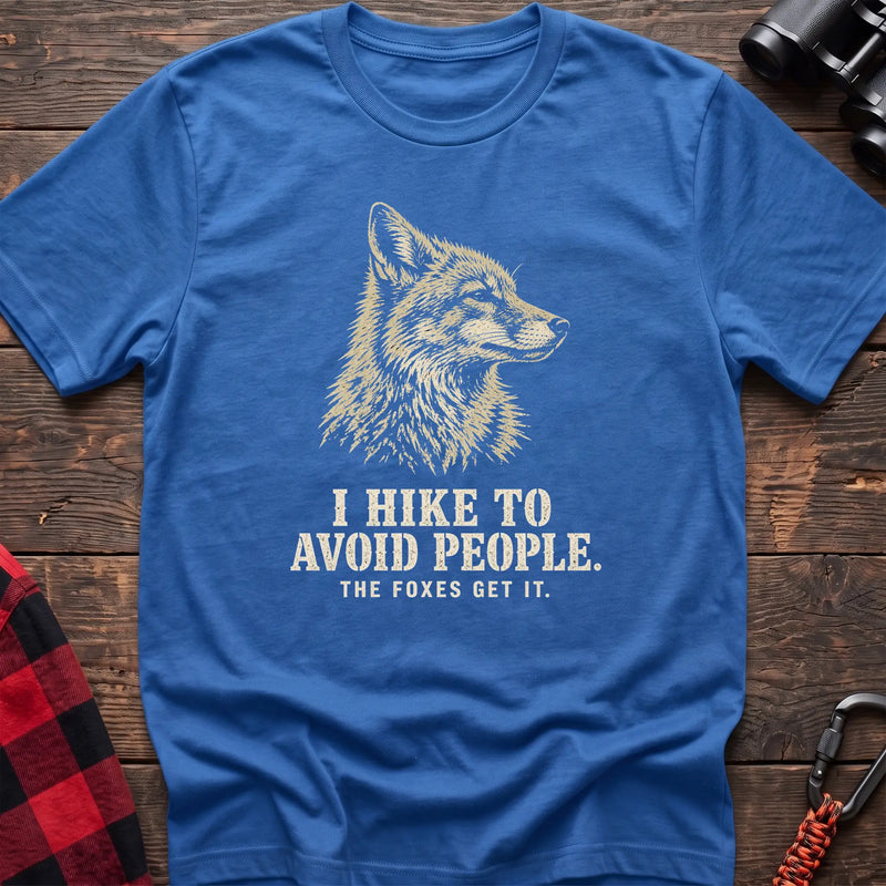 Heather royal cotton t-shirt with a fox graphic and I Hike to Avoid People The Foxes Get It text on rustic wood