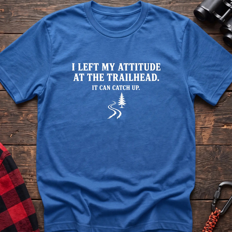 Heather royal cotton t-shirt with a trail graphic and I Left My Attitude at the Trailhead It Can Catch Up text on rustic wood