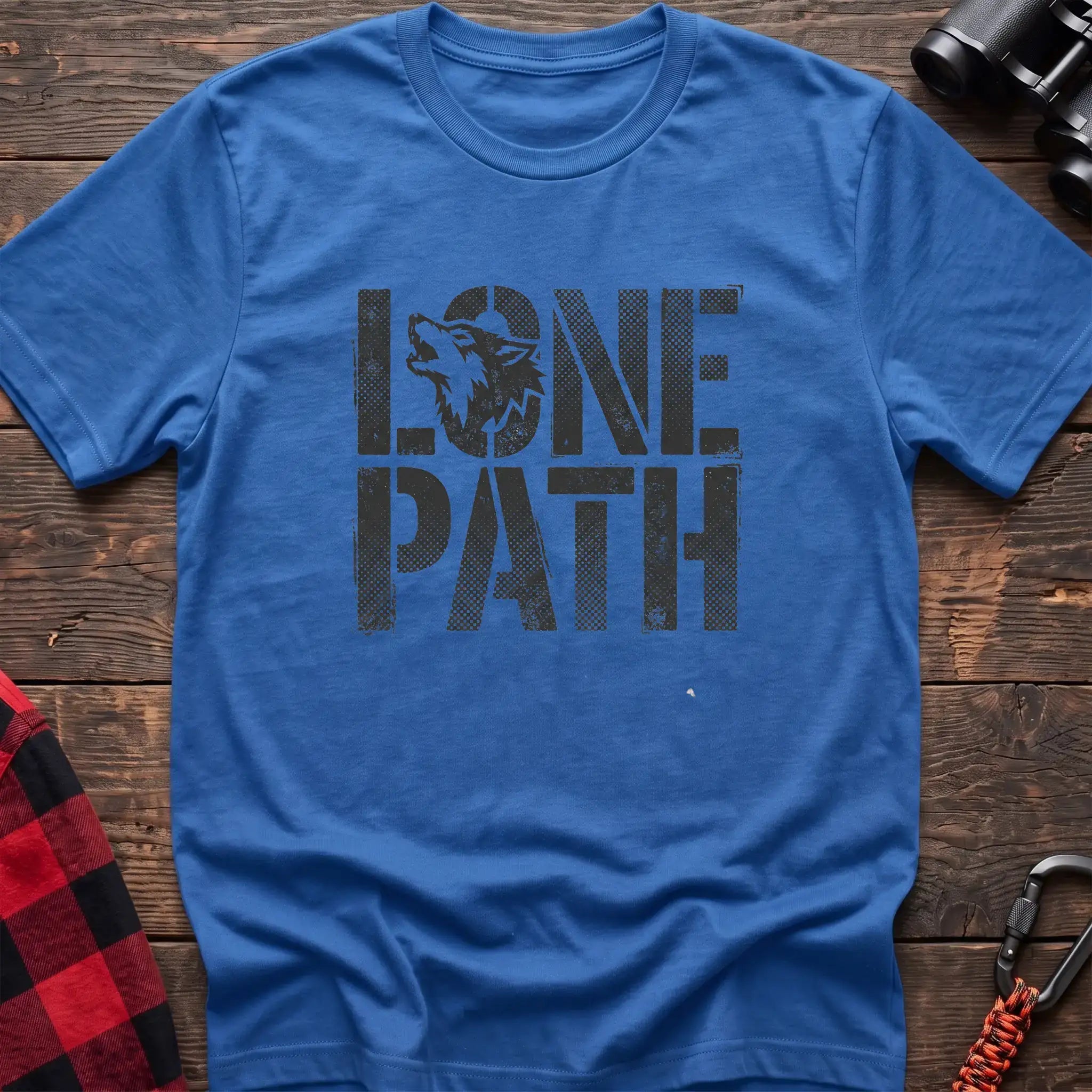 Heather royal t-shirt with distressed text reading Lone Path and a wolf silhouette in the letter O