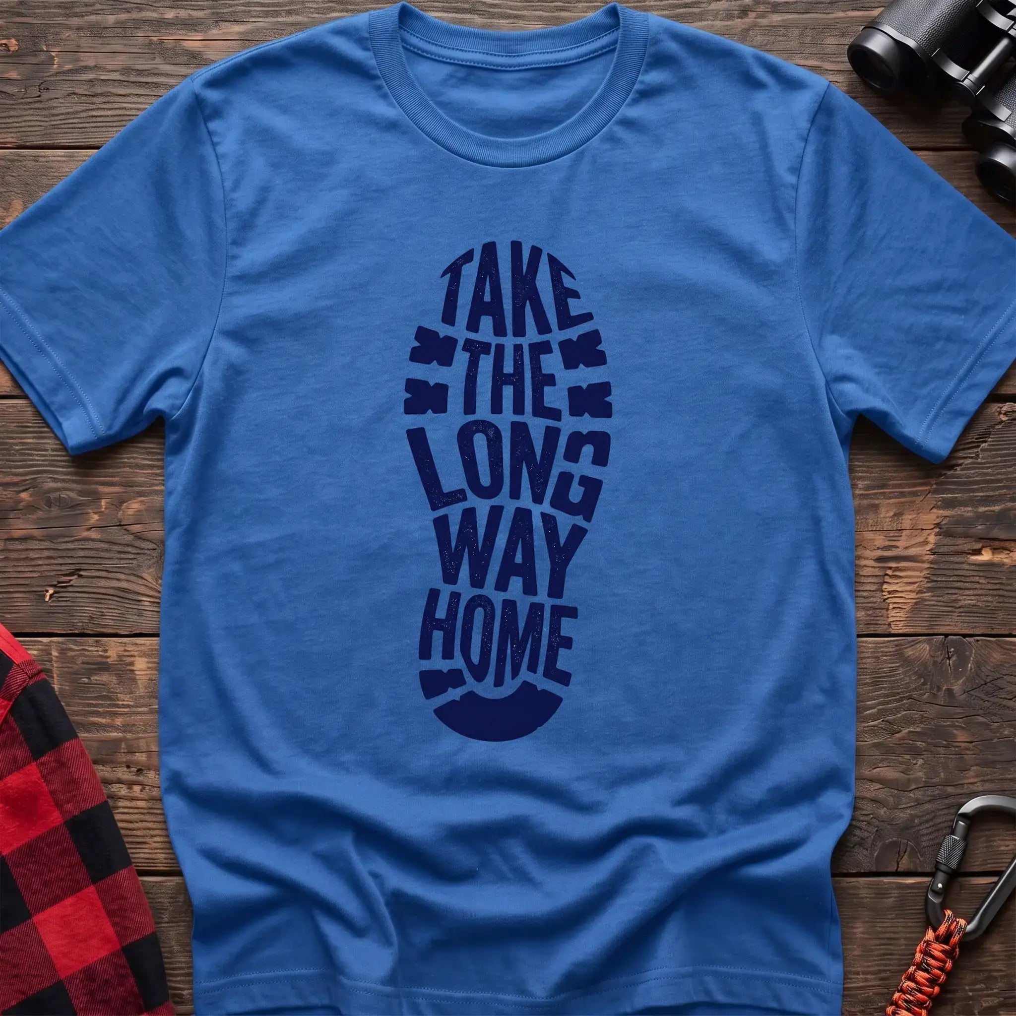 Heather royal t-shirt with white boot print graphic reading Take the Long Way Home