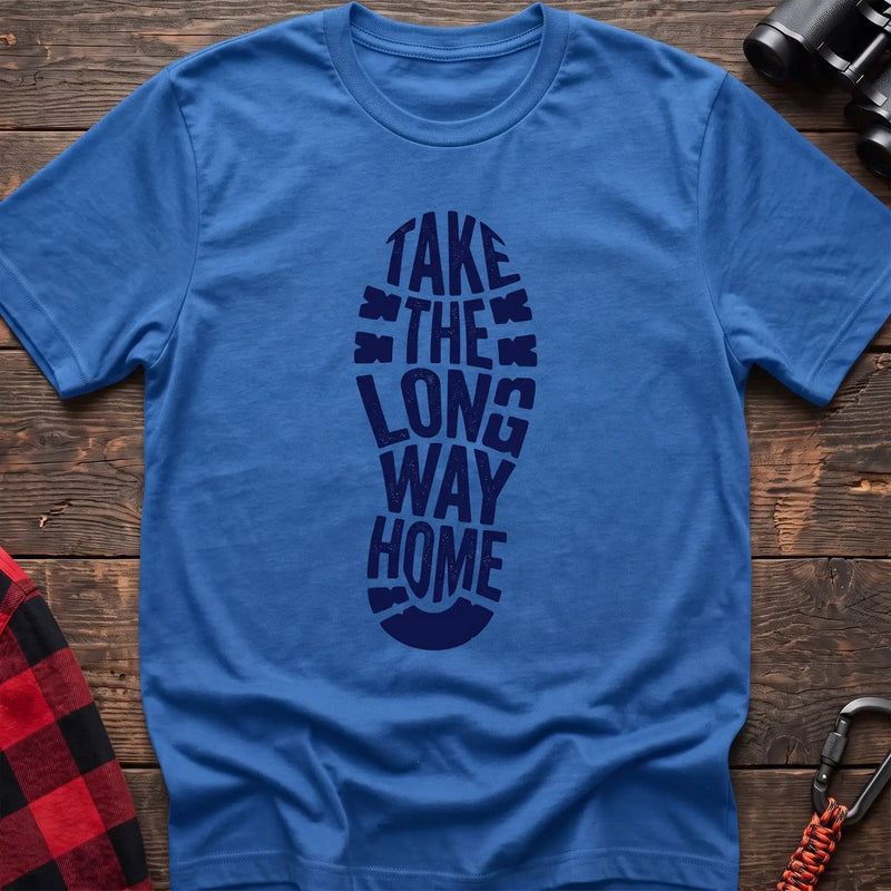 Heather royal t-shirt with white boot print graphic reading Take the Long Way Home