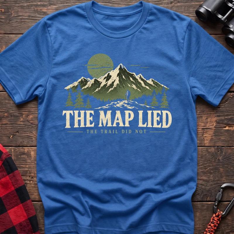 Heather royal cotton t-shirt with a hiker and mountain graphic and The Map Lied The Trail Did Not text on rustic wood
