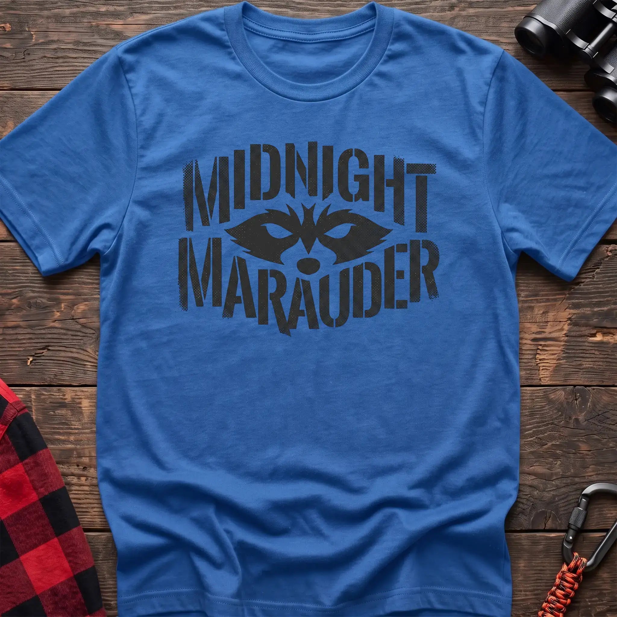 Heather royal t-shirt with dark raccoon face graphic and the text Midnight Marauder