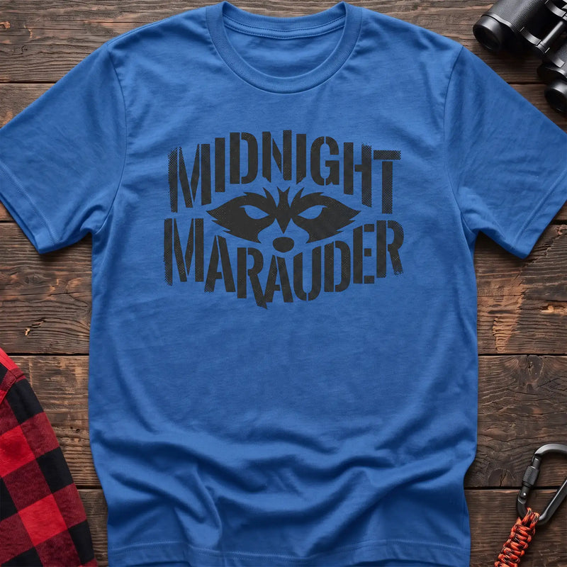 Heather royal t-shirt with dark raccoon face graphic and the text Midnight Marauder