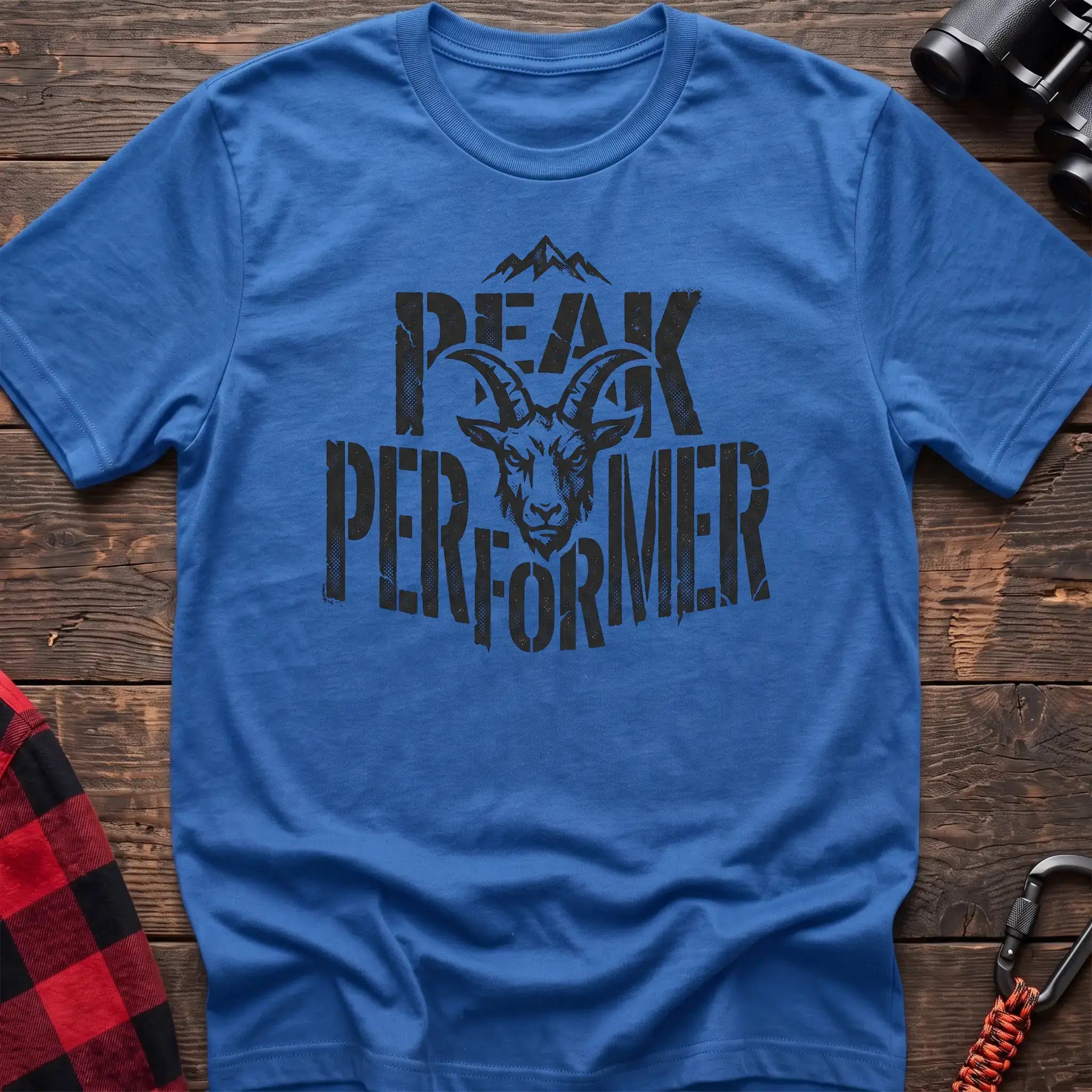 Heather royal t-shirt with mountain goat head graphic and the text Peak Performer