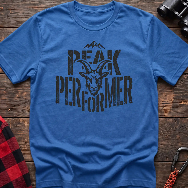 Heather royal t-shirt with mountain goat head graphic and the text Peak Performer