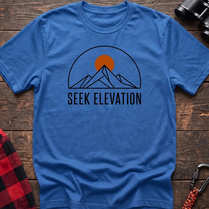 Heather royal t-shirt with minimalist mountain and sun graphic reading Seek Elevation