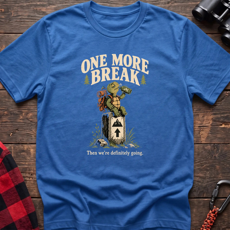 Heather royal cotton t-shirt with a hiking turtle graphic and One More Break text on rustic wood