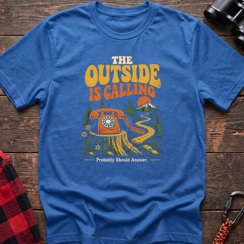 Heather royal cotton t-shirt with a rotary phone on a stump graphic and The Outside Is Calling text on rustic wood