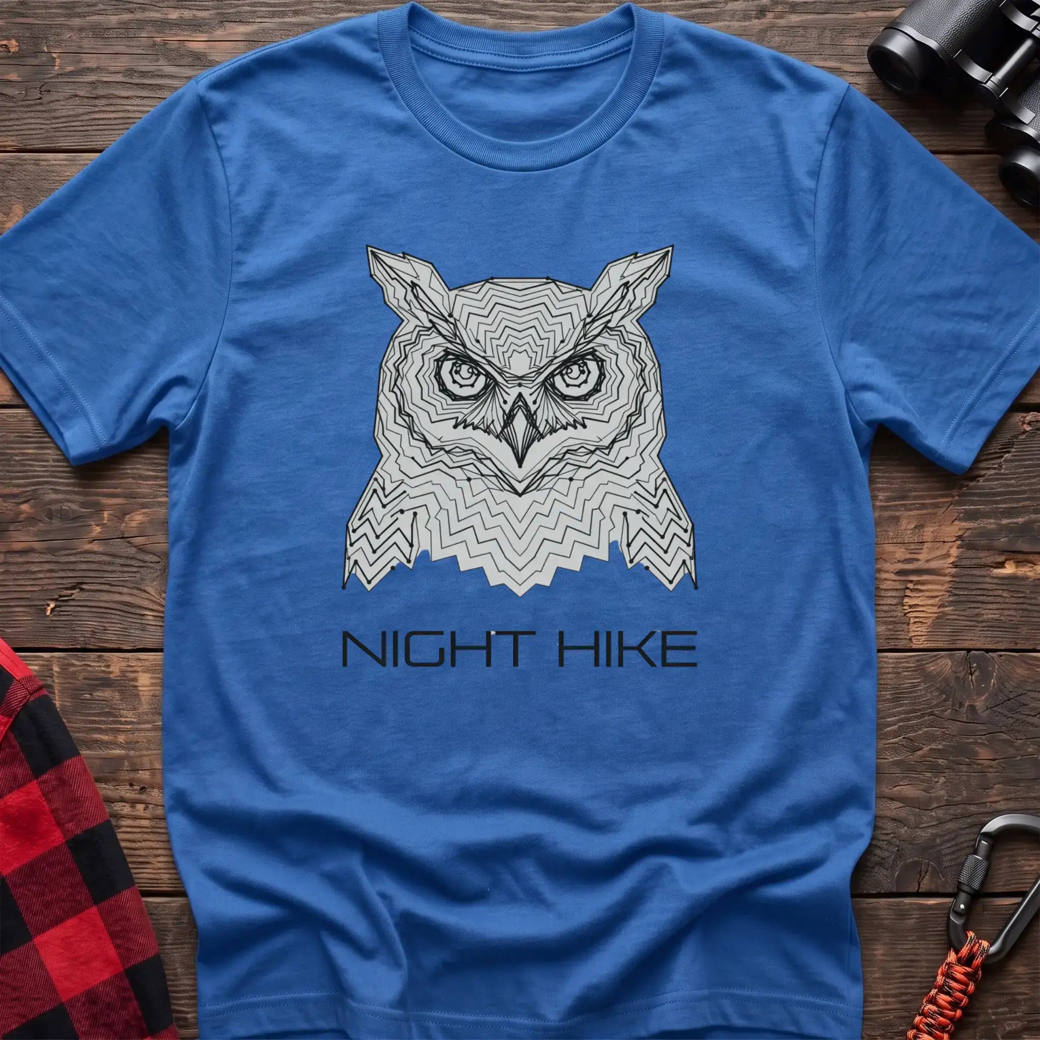 Heather royal t-shirt with geometric topographic owl face graphic and the text Night Hike