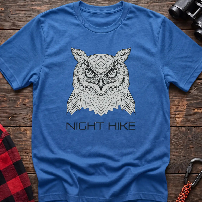 Heather royal t-shirt with geometric topographic owl face graphic and the text Night Hike
