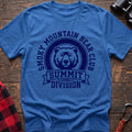 Heather royal t-shirt with circular badge graphic of a bear face reading Smoky Mountain Bear Club Summit Division