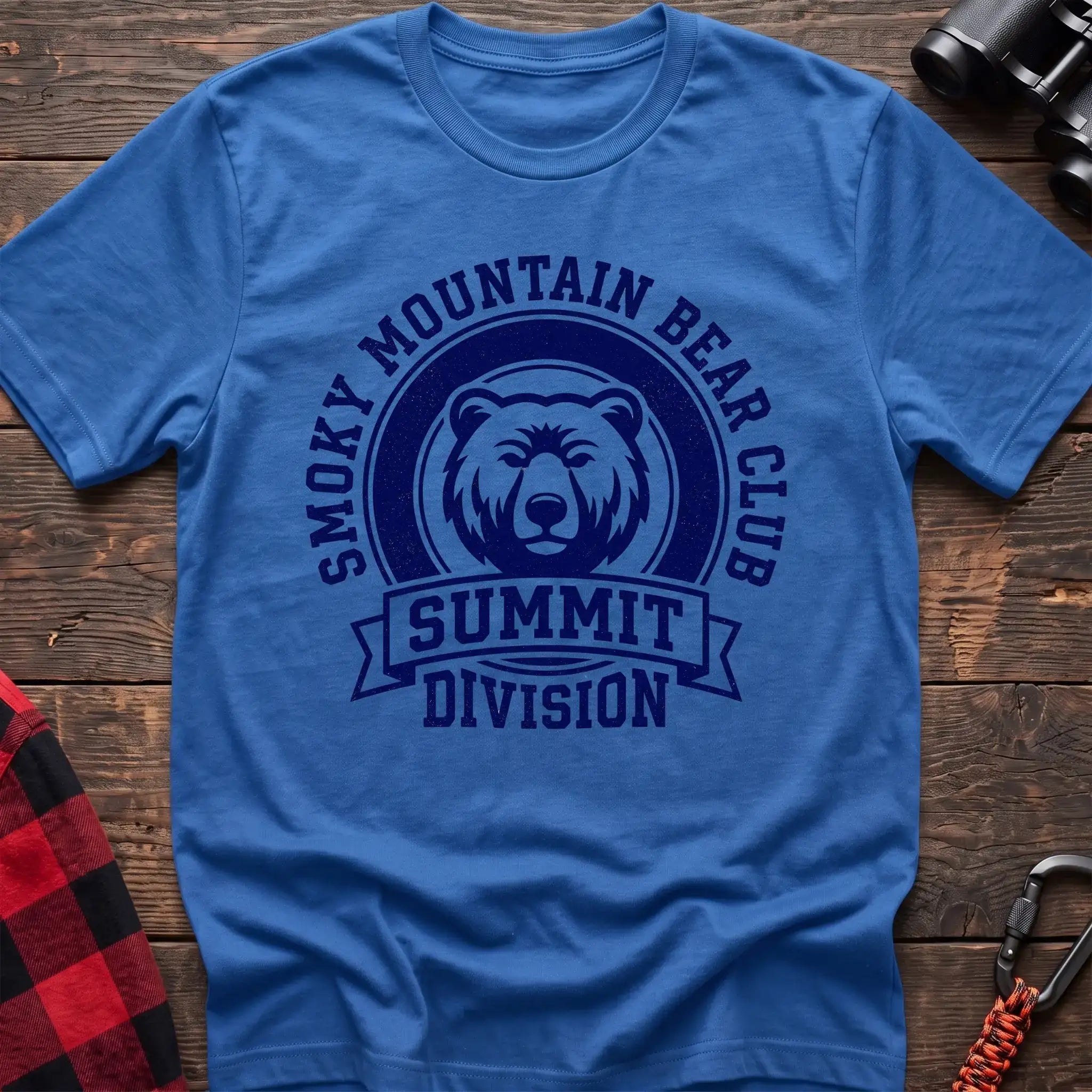 Heather royal t-shirt with circular badge graphic of a bear face reading Smoky Mountain Bear Club Summit Division