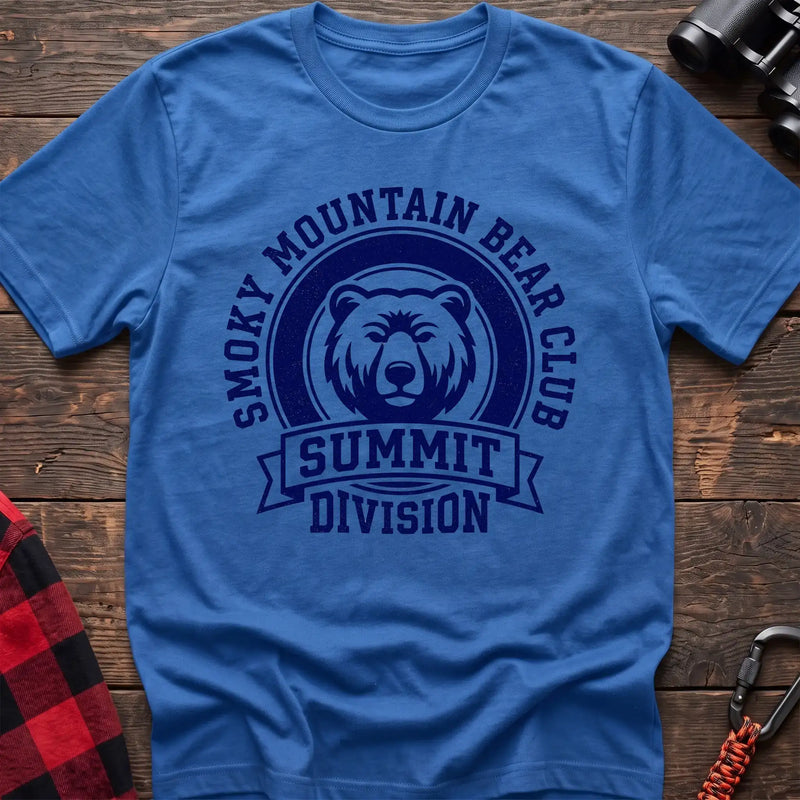 Heather royal t-shirt with circular badge graphic of a bear face reading Smoky Mountain Bear Club Summit Division