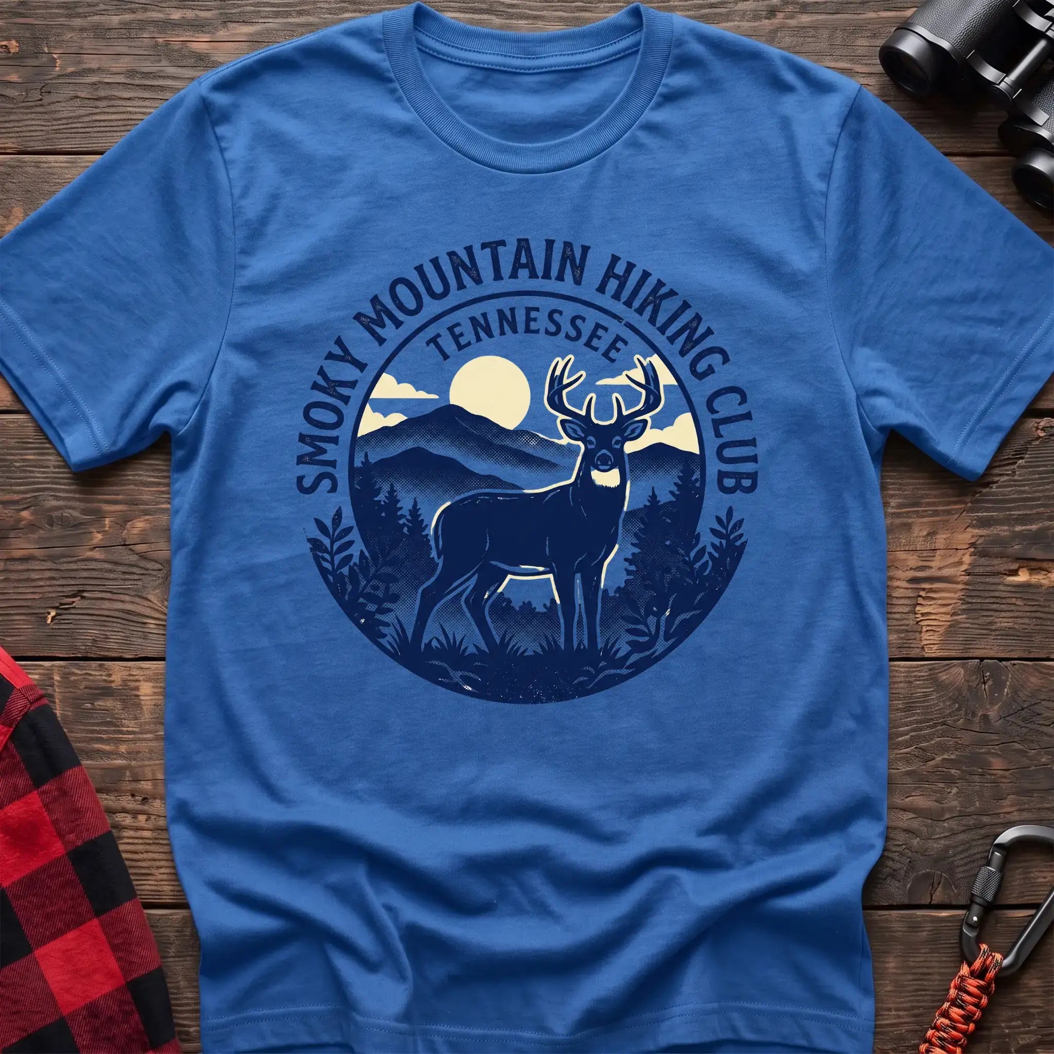 Heather royal t-shirt with circular badge graphic of a deer in the mountains reading Smoky Mountain Hiking Club Tennessee