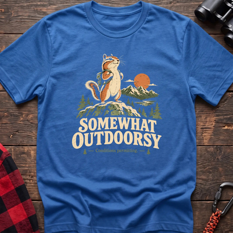 Heather royal cotton t-shirt with a backpack chipmunk graphic and Somewhat Outdoorsy text on rustic wood