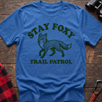 Heather royal t-shirt with dark green fox illustration and the text Stay Foxy Trail Patrol