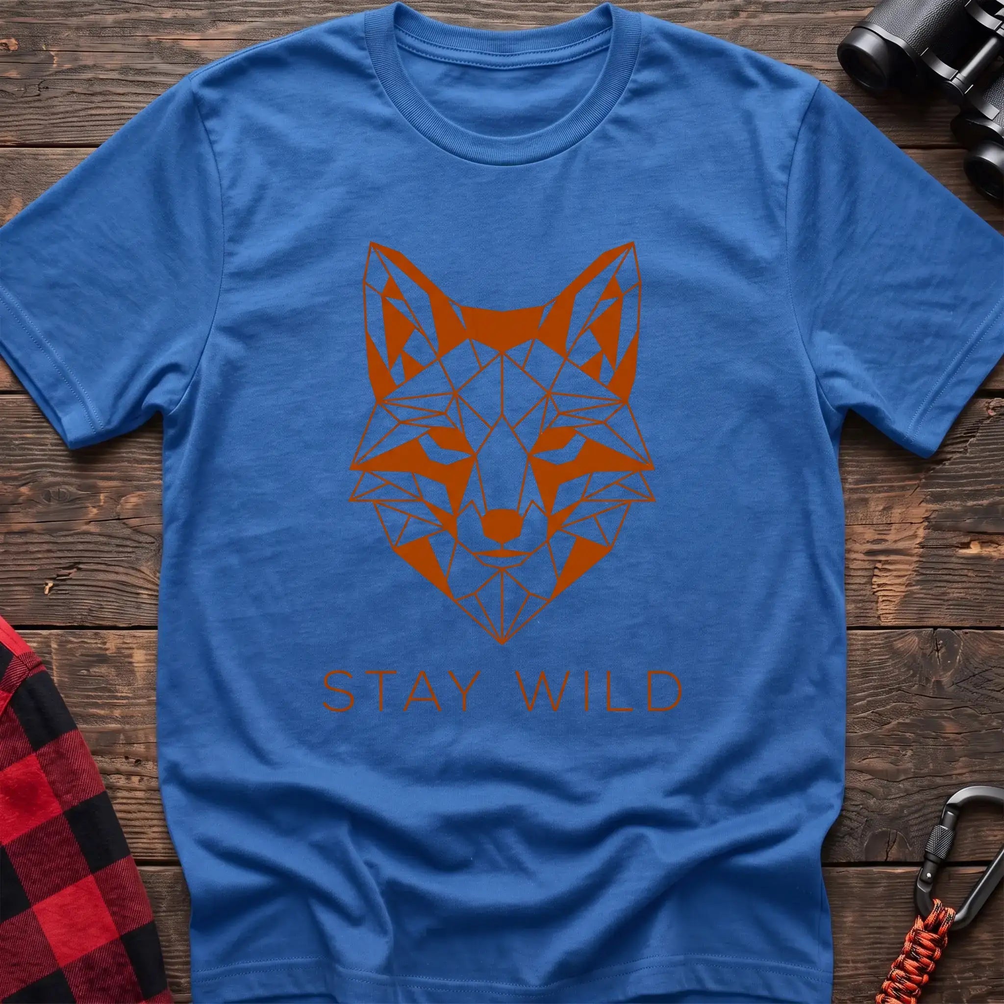 Heather royal t-shirt with geometric orange fox head graphic and the text Stay Wild