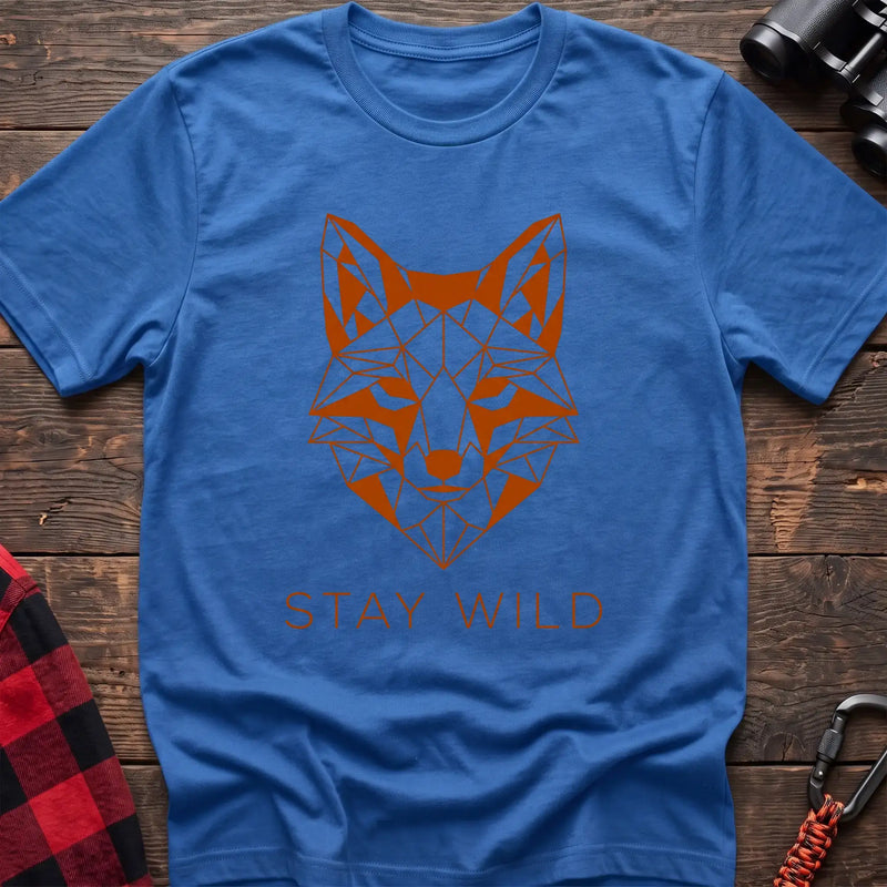 Heather royal t-shirt with geometric orange fox head graphic and the text Stay Wild