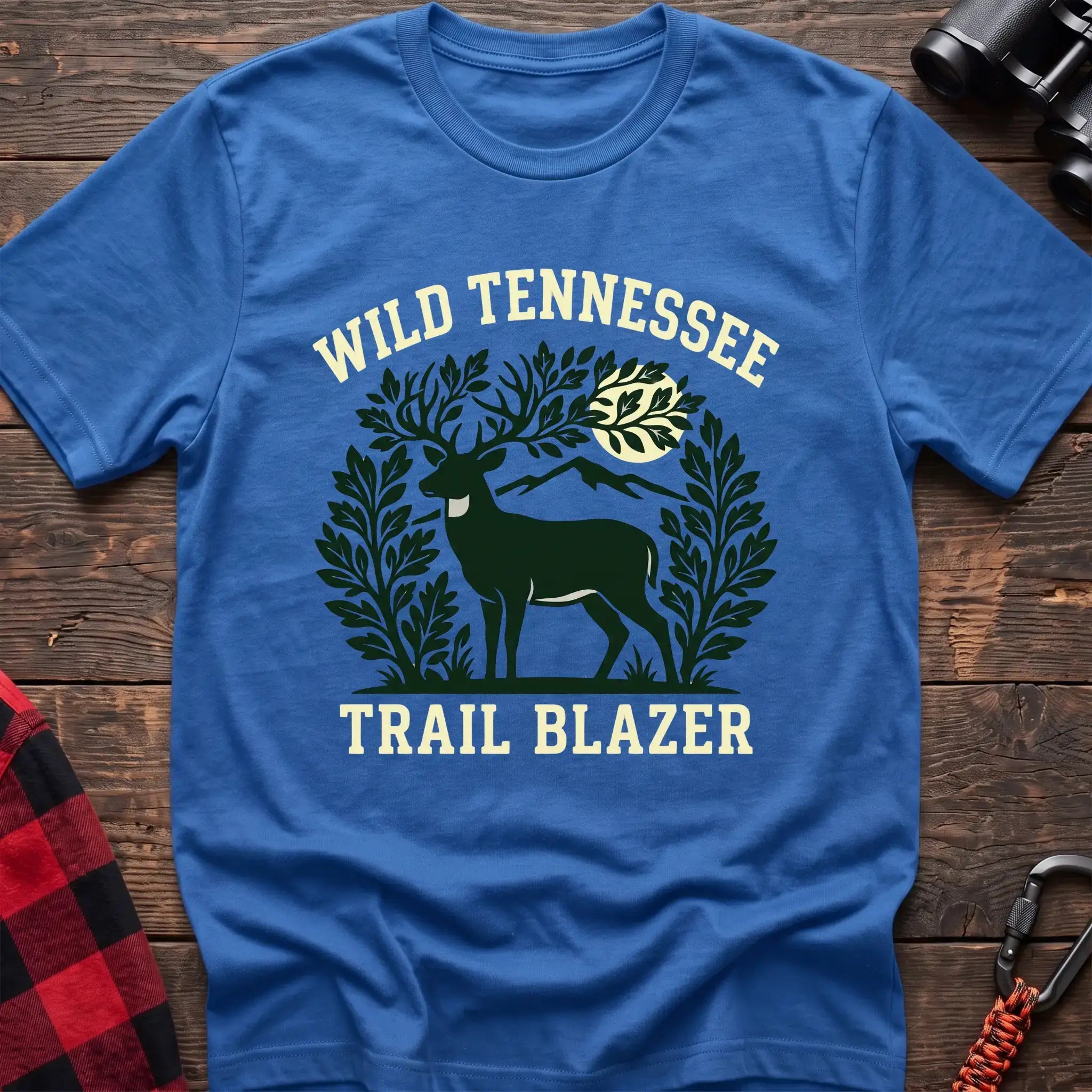 Heather royal t-shirt with deer among leaves and mountains graphic reading Wild Tennessee Trail Blazer