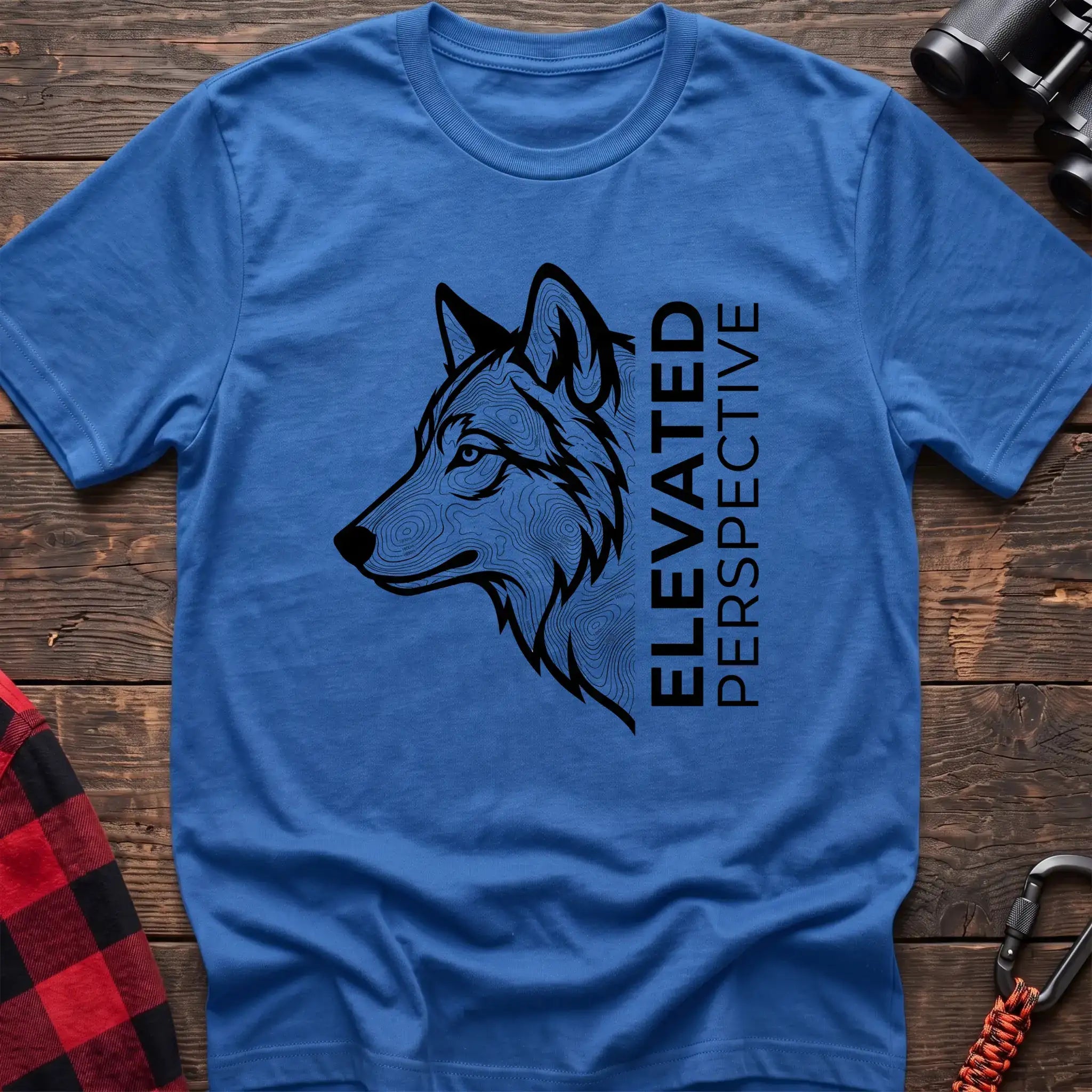 Heather royal t-shirt with topographic wolf head graphic and vertical text Elevated Perspective