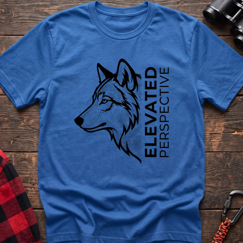 Heather royal t-shirt with topographic wolf head graphic and vertical text Elevated Perspective
