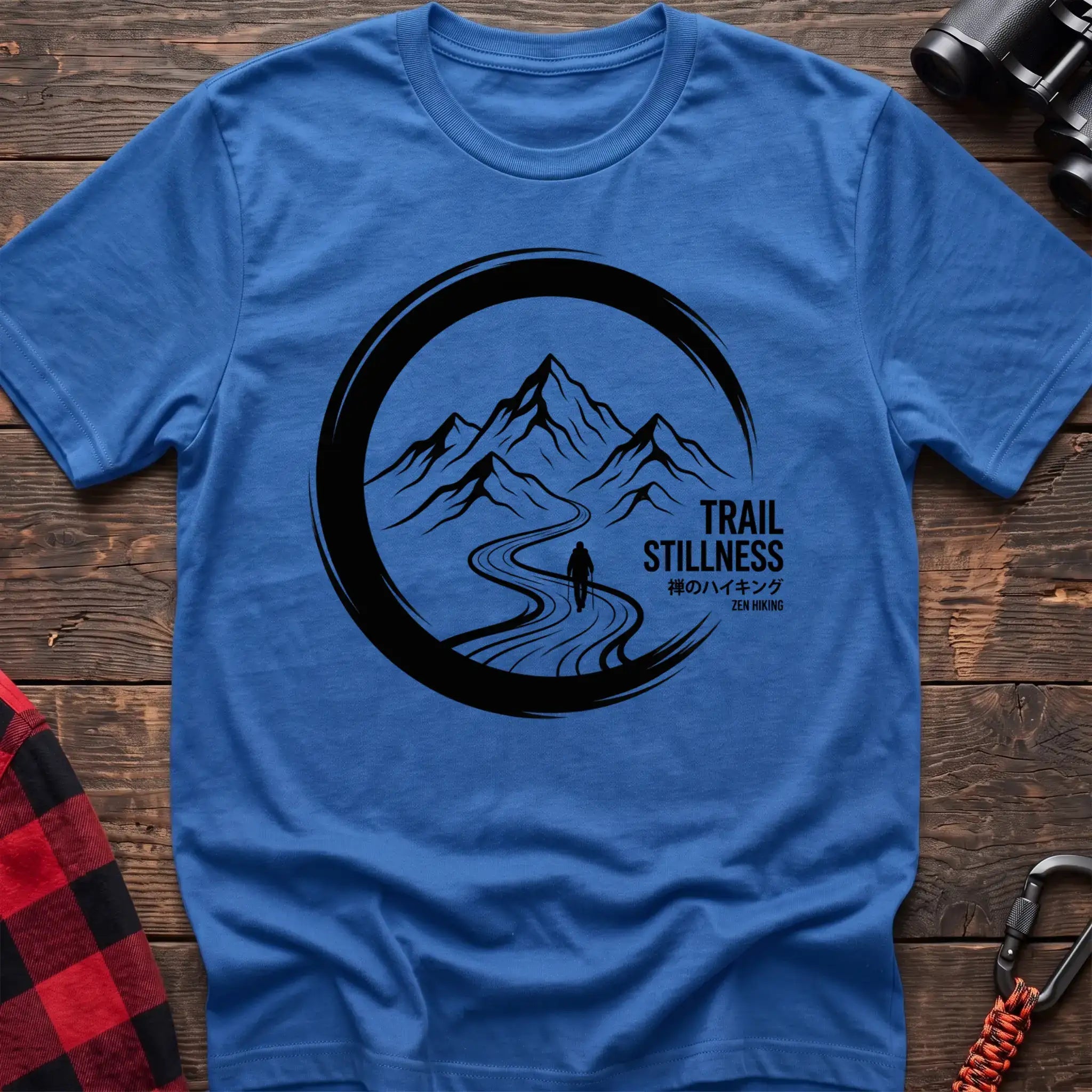 Heather royal t-shirt with circular mountain trail graphic of a hiker and the text Trail Stillness Zen Hiking