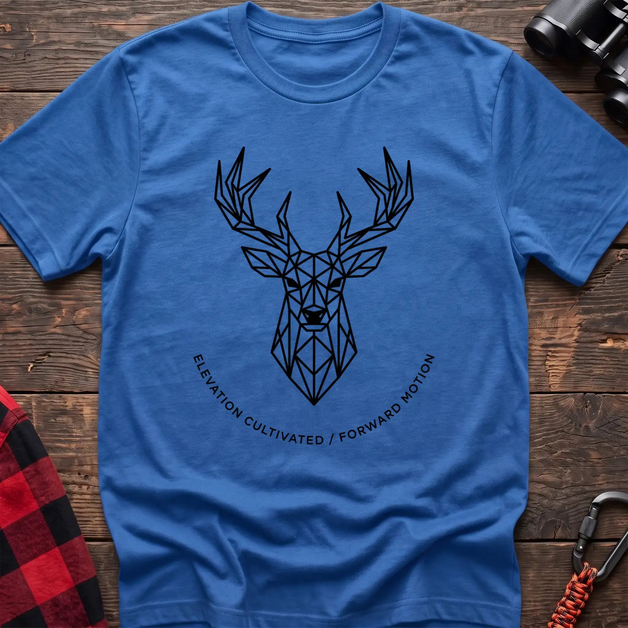 Heather royal t-shirt with geometric deer head graphic and the text Elevation Cultivated Forward Motion