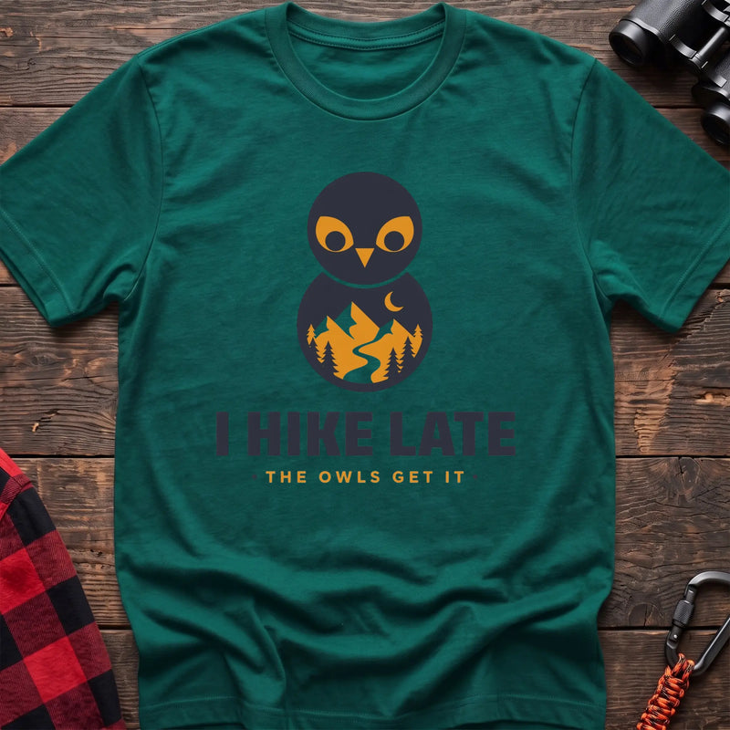 Kelly green hiking t-shirt with stacked owl graphic and the text “I Hike Late The Owls Get It”