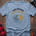 Light blue hiking t-shirt with Lake Ontario Bluff Society badge showing a cliff, wave, and Members Keep to the Marked Edge