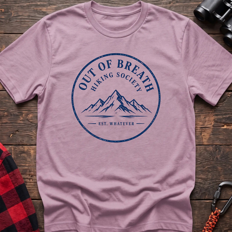 Light pink hiking t-shirt with Out of Breath Hiking Society mountain badge and Est Whatever text