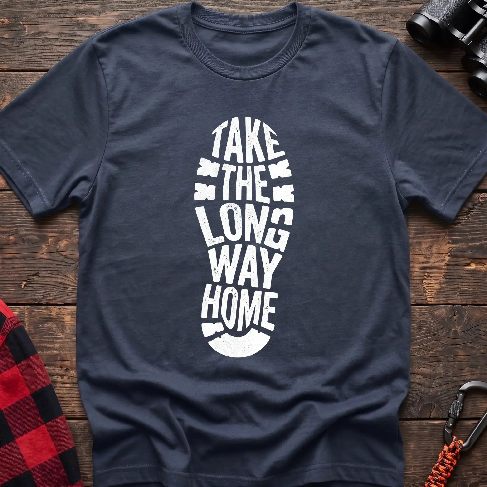 Navy t-shirt with white boot print graphic reading Take the Long Way Home