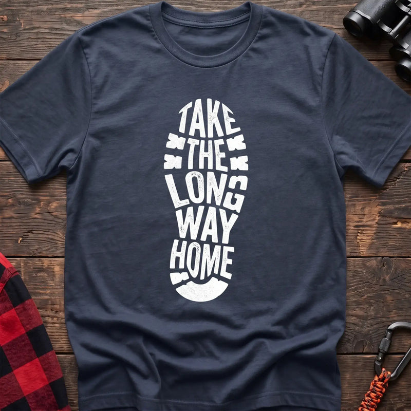 Navy t-shirt with white boot print graphic reading Take the Long Way Home